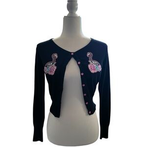 Hell Bunny hibiscus and skeleton flamingo black cardigan with pink button detail